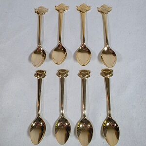 Vintage HIC Japan Gold-tone Stainless Teapot Teacup Demitasse Spoons Set of 8